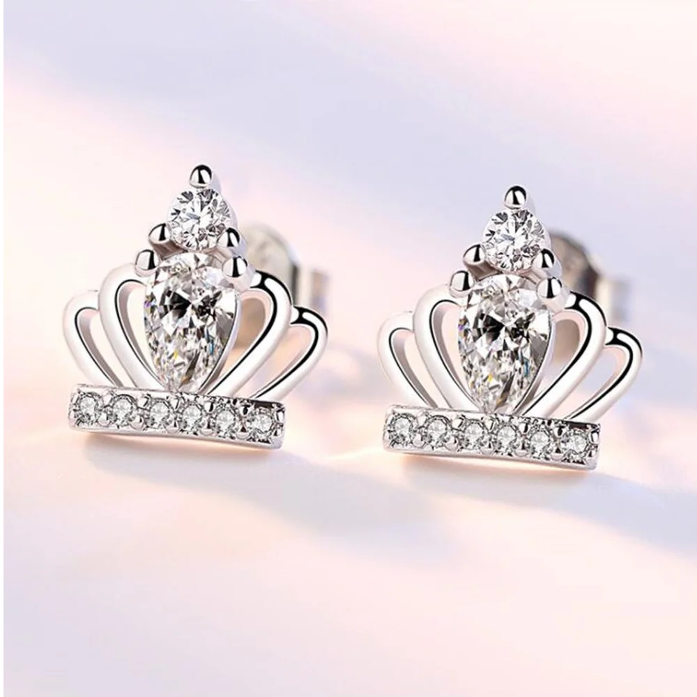 

NEW 925 Sterling Silver Stud Earrings High Quality Woman Fashion Jewelry Simple Crown Super Flash Crystal Zircon Earrings