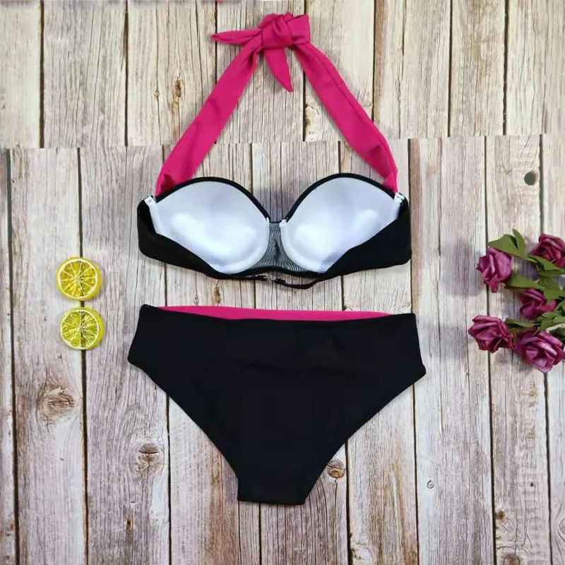

V-neck Bikinis 2021 Mujer Low Waist Swimwear Female Patchwork Swimsuit Women Bandeau 2 Pieces Set Sexy Bathing Suit bakini