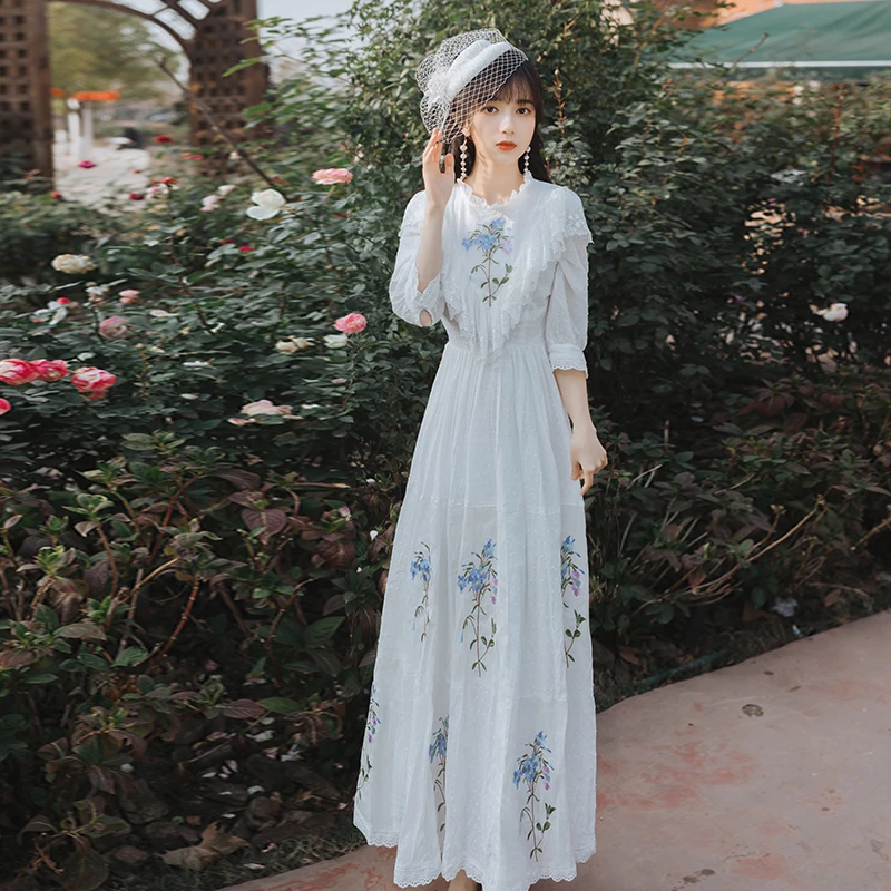 Женское платье с вышивкой YOSIMI Летнее белое хлопковое длинное макси облегающее и