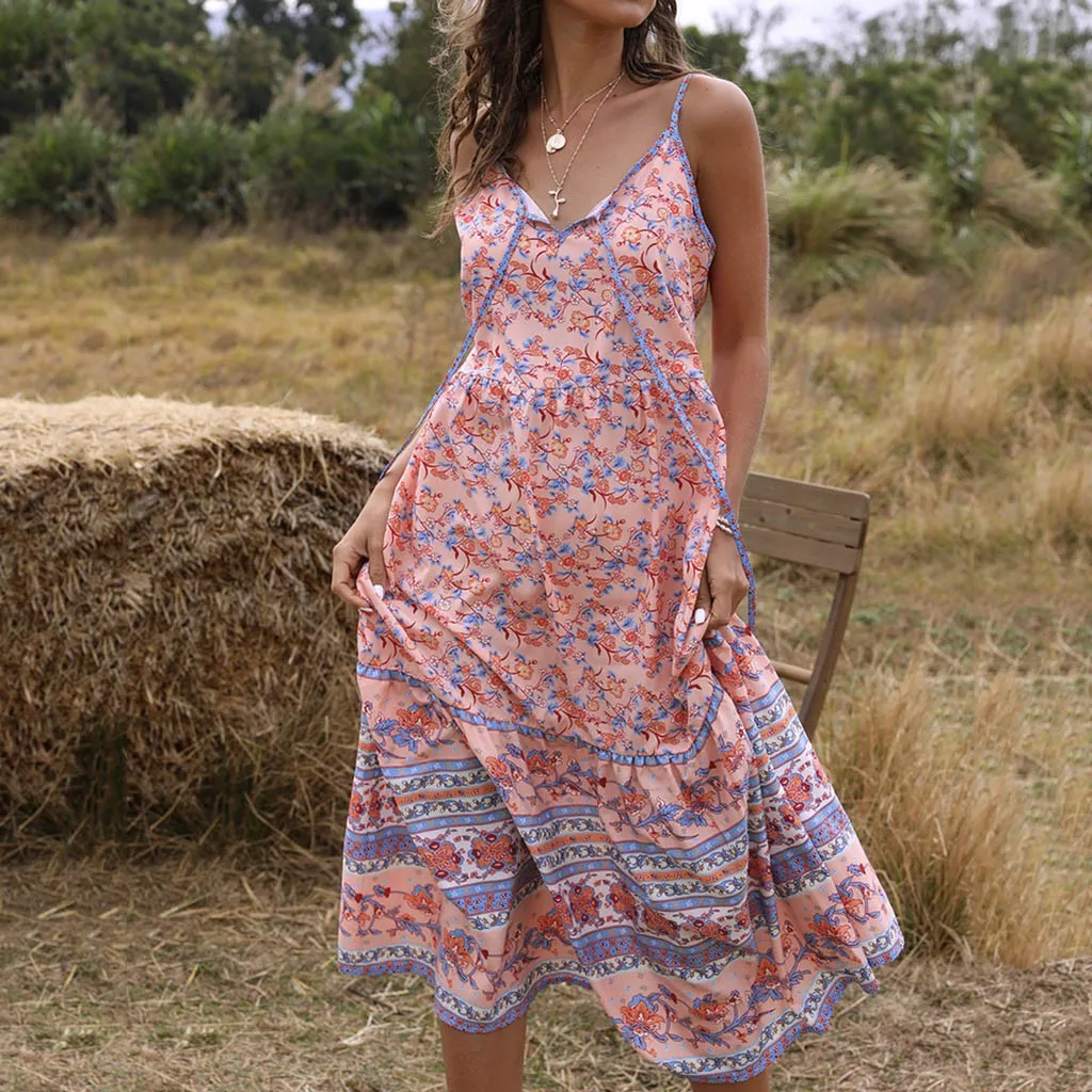 Богемное пляжное платье Сезон весна лето женское с v образным вырезом и цветочным