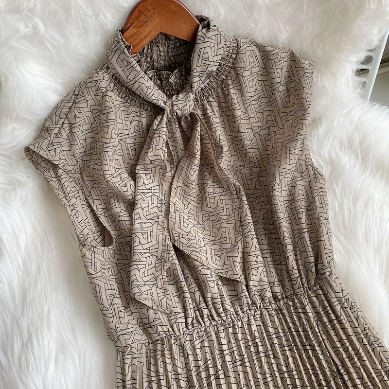 

Chic Irregular Design Print Women Dress 2021 New Vintage Sleeveless Draped Vestidos Spring Drawstring Shirt Dresses