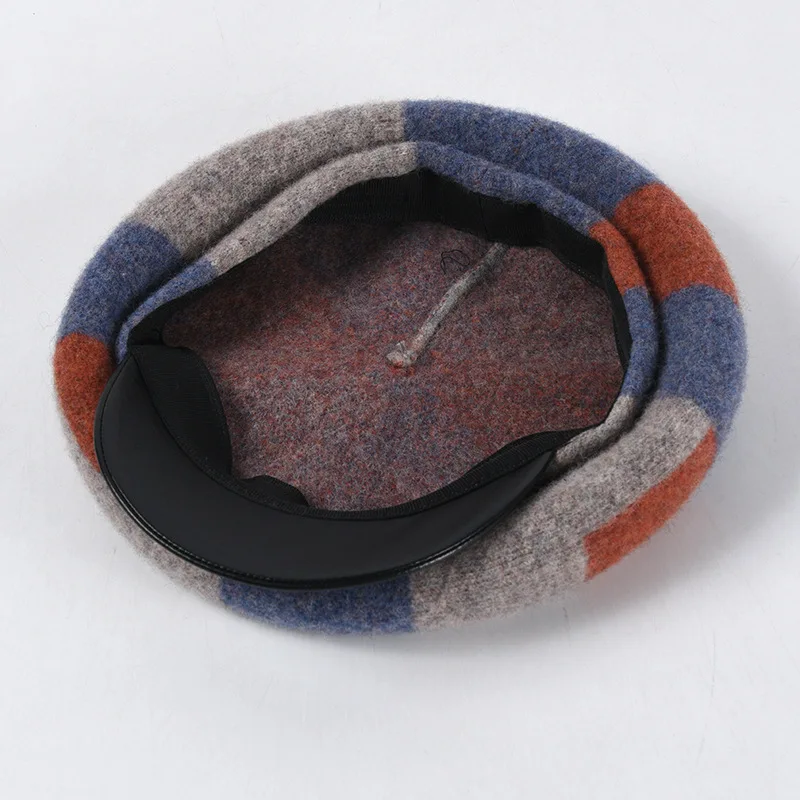 

2021 Autumn and Winter Women's Hat Pure Wool Literature and Art Retro Octagonal Hat Japanese Leather Brim Stitching Beret
