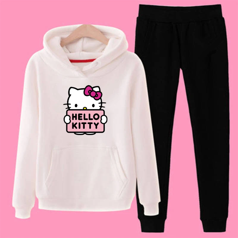 P66 3xl hello-kitty зимний женский комплект из 2 предметов с длинными рукавами, флисовая толстовка с капюшоном, пуловер, костюм, спортивные костюмы, одежда