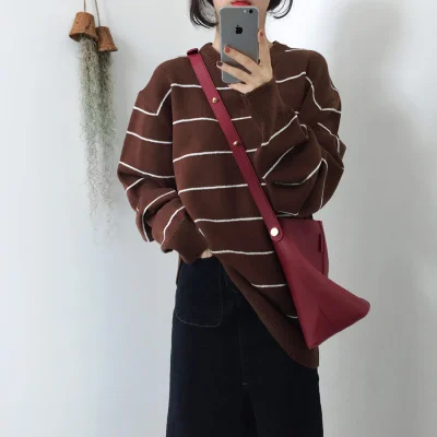

Autumn Korean Style Chic Stripe Sweaters Women Loose Vintage Thermal Sweater Women Pullover Oversized Knit Jumper