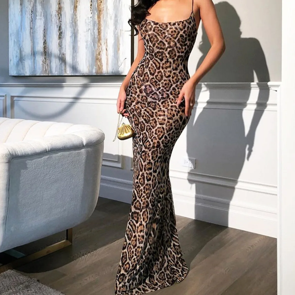 

BacklakeGirls 2020 Women Sexy Spaghetti Strap Leopard Print Evening Dress Long Sleeveless Mermaid Party Dress Robe Longue Femme