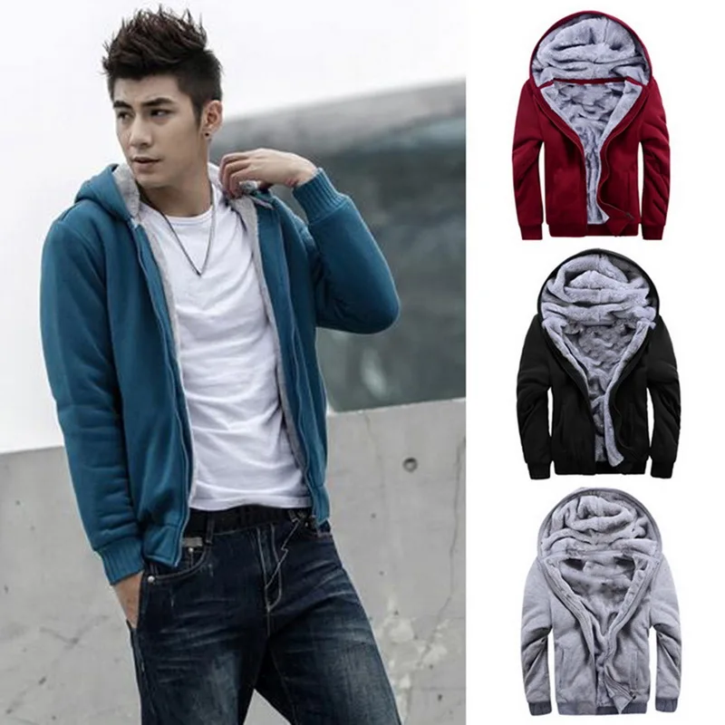 

DIHOPE Mens Casual Winter Thickened Warm Coat 2019 New Casual Zipper Hooded Fleece Long Sleeve Jacket Male Solid Color Parkas