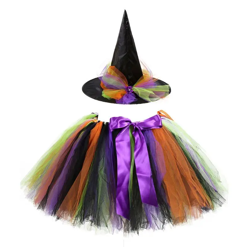 Юбка пачка на Хеллоуин для родителей и детей девочек с шляпой ведьмы радужной