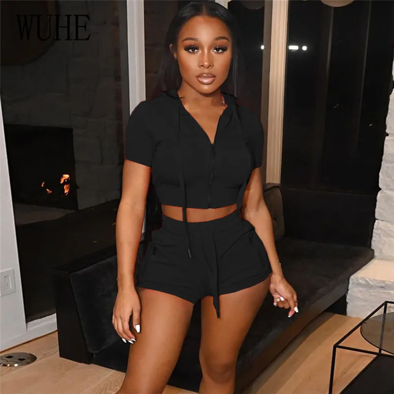 

WUHE Tracksuits Two Pieces Sets Zipper Up Short Sleeve Hooded Top and Drawstring Pants Joggers Fitness Sports Casual Suits