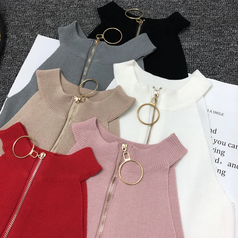 

2019 Spring Summer Women Slim Knitting Off-shoulder Tank Crop Tops Female Knitted Camisole Cropped Sleeveless Short T-shirts Tee