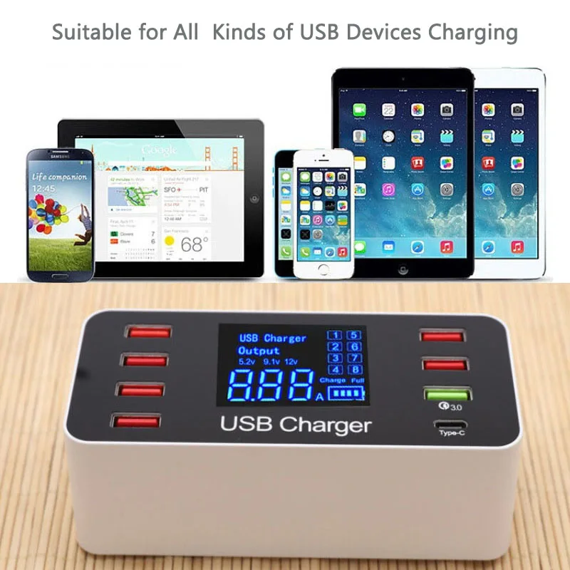 Зарядное устройство USB Type C с 8 портами и светодиодным дисплеем 40 Вт|Зарядные