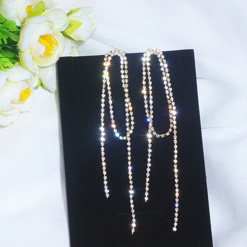 Новые дизайнерские блестящие длинные кисточки Кристаллы Стразы Серьги золотого