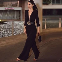 deep v neck jumpsuit prom gown long sleeve ankle length outfit special occasion wear simple pants evening party dresses