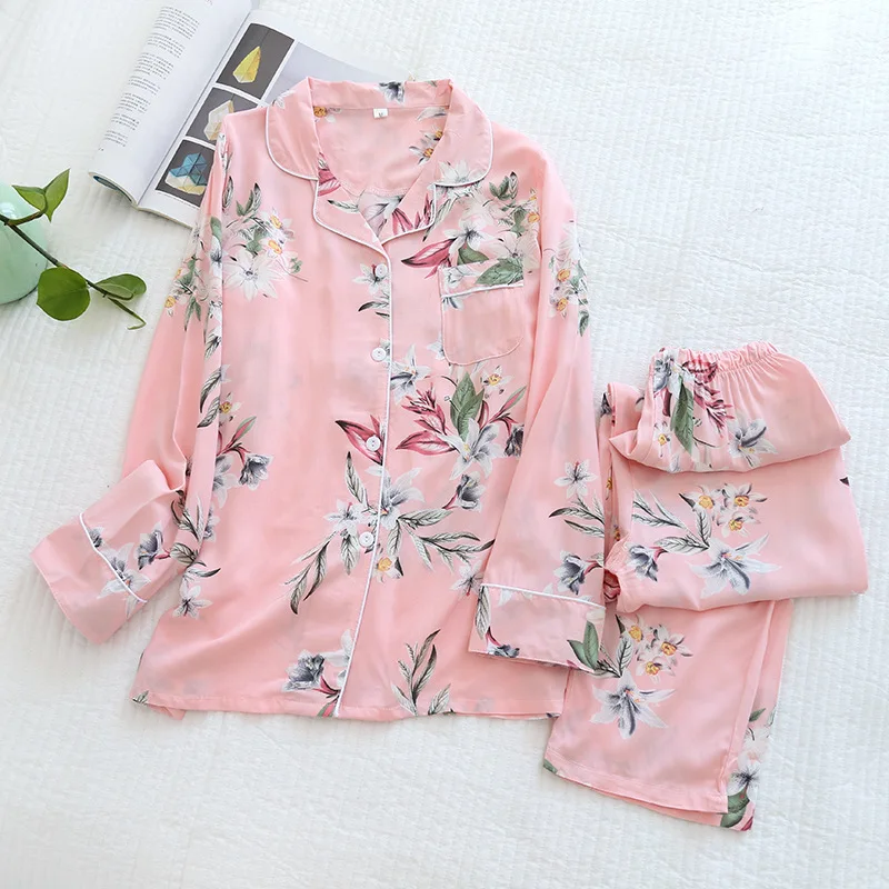 Хлопковая пижама с длинными рукавами и брюками цветочным принтом комплект из