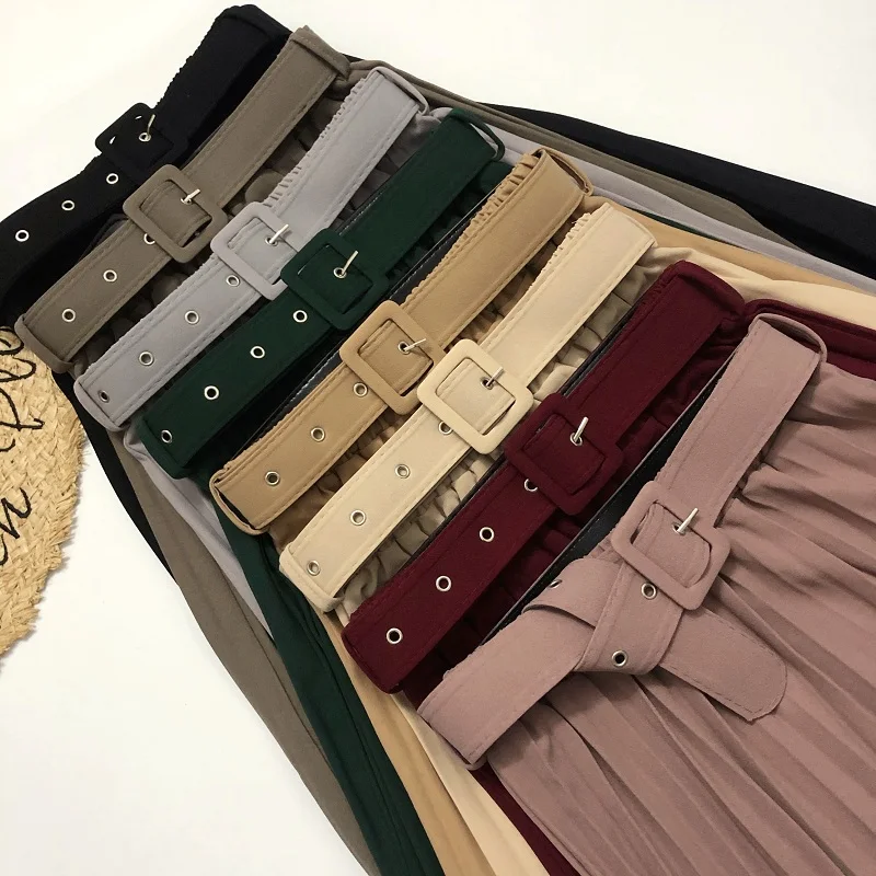 

2021 New Autumn Women Skirts Pleated Midi Skirt Belt Solid Color High Waist Office Lady Sashes Skirts Mid-Calf Pleated Skirts