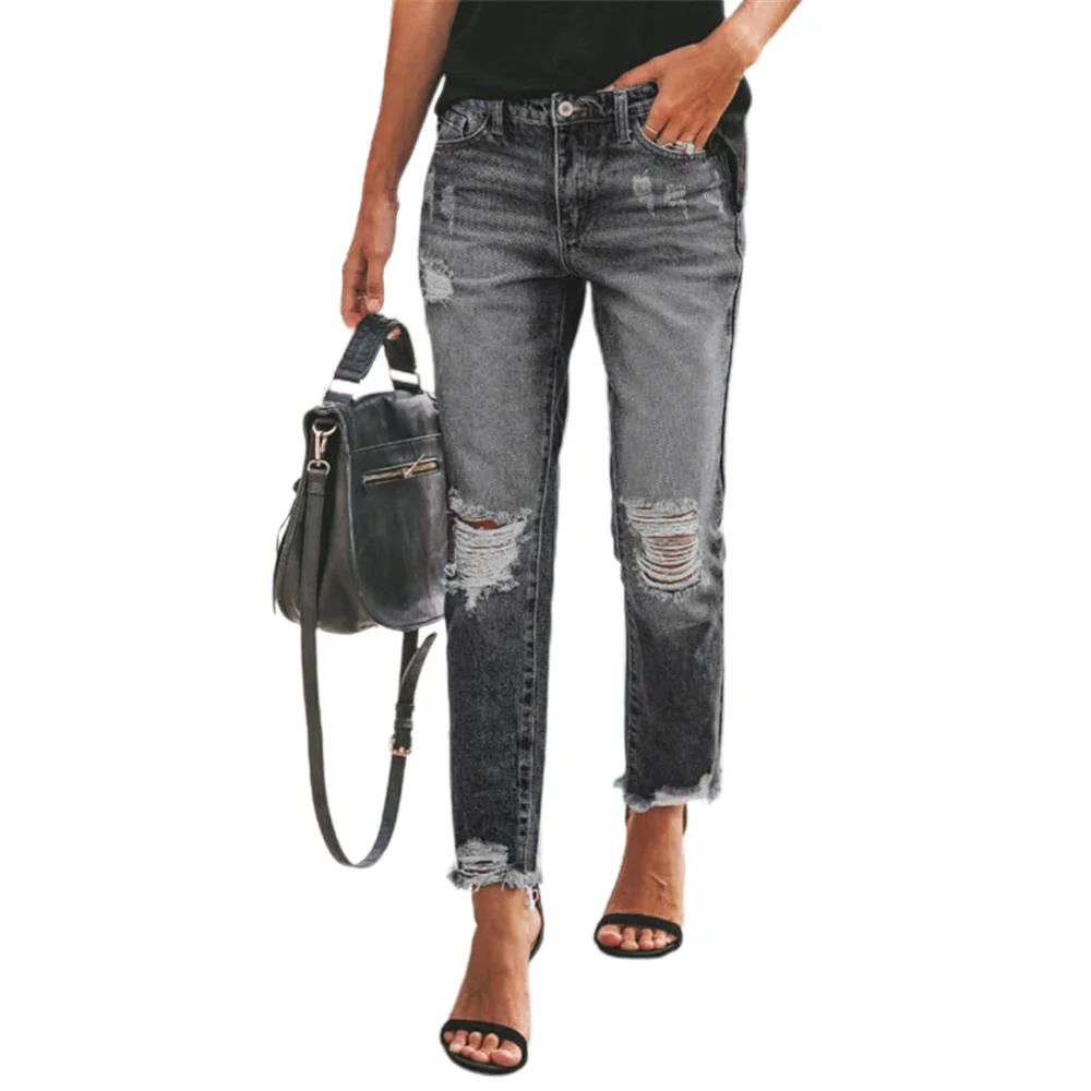 

Модные черные рваные прямые джинсы VICABO с дырками и высокой талией, разорванные джинсовые брюки, женские уличные брюки