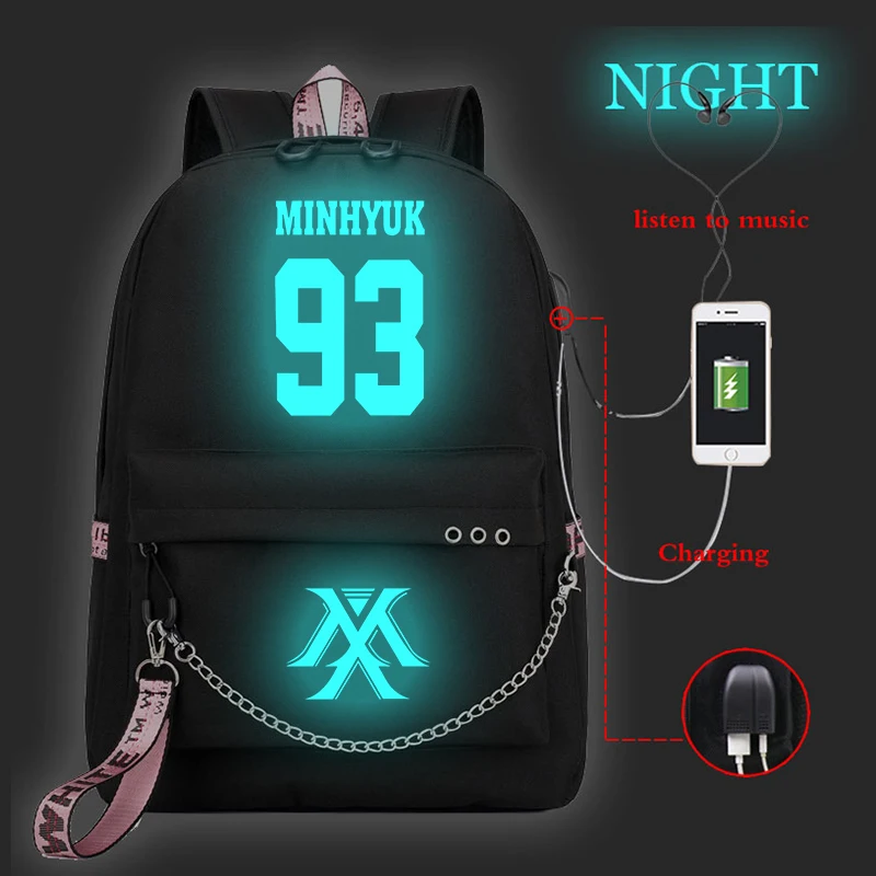 Женский рюкзак Kpop MONSTA X женский с Usb зарядкой школьные сумки для девочек