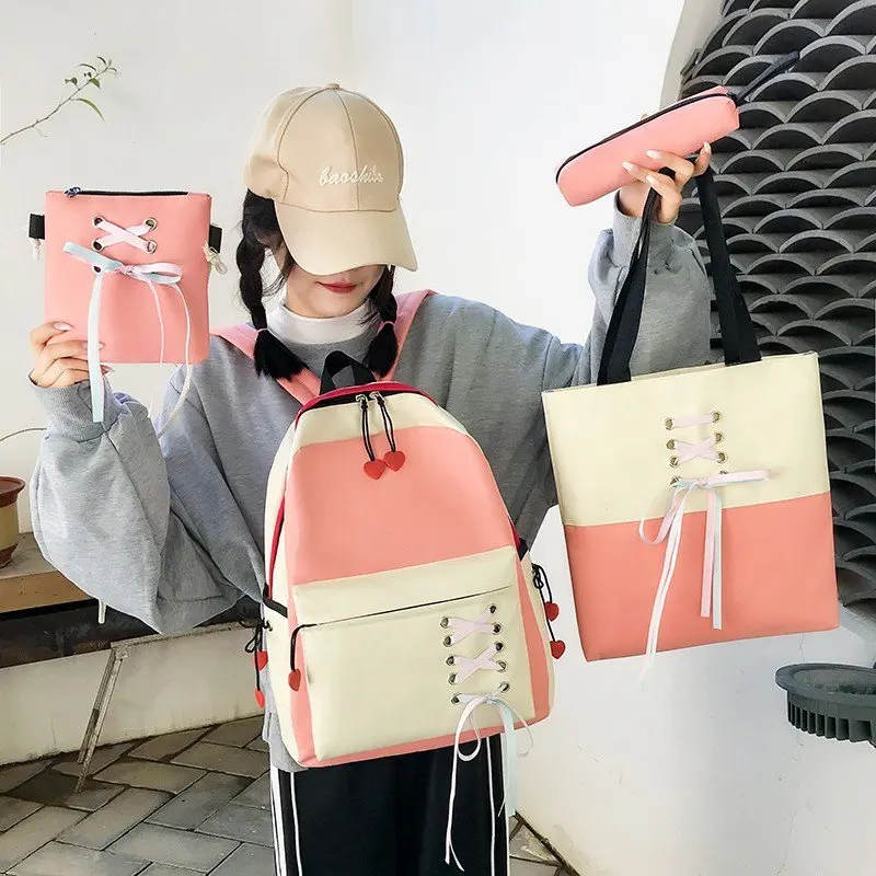 4 pcs sets canvas Schoolbags For Teenage Girls Female Children Shoulder Bags New Trend Female Backpack Fashion Women Backpack