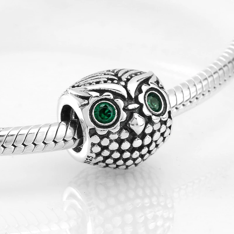 925 стерлингового серебра Сова Очарование модные бусы с зелеными CZ глазами