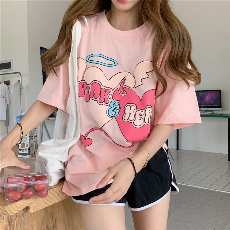 

YTX1544 2021 new Korean version of the loose mid-length print couple wear age-reducing short-sleeved T-shirt top women