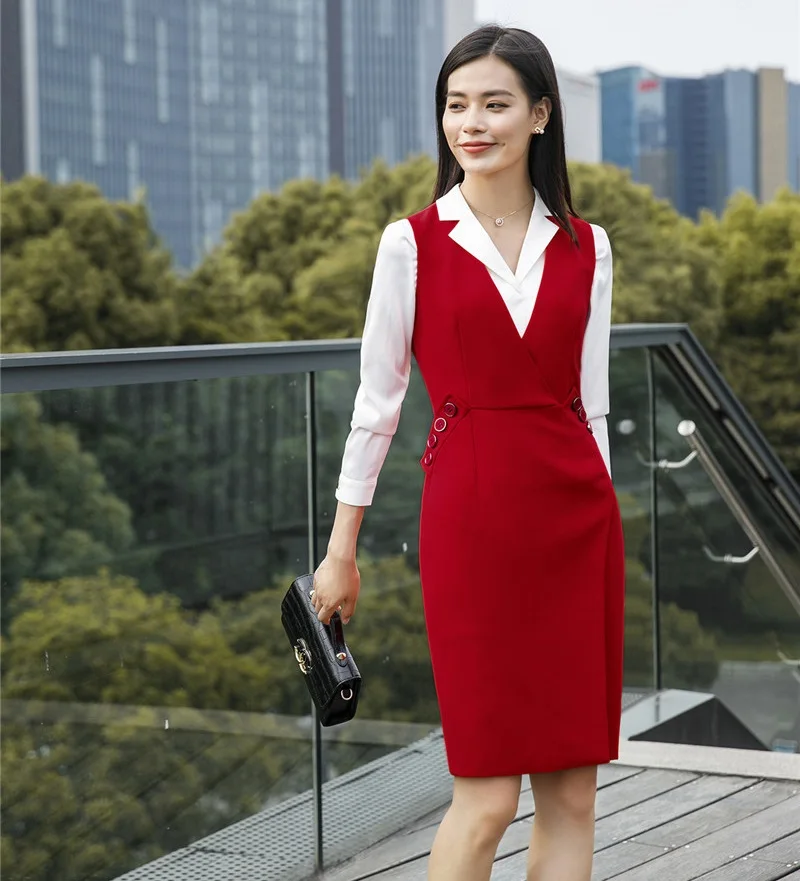 

Uniform Designs New Spring Fall Professional Business Work Suits With 2 Piece Blouses And Dress Office Ladies Blazers Sets