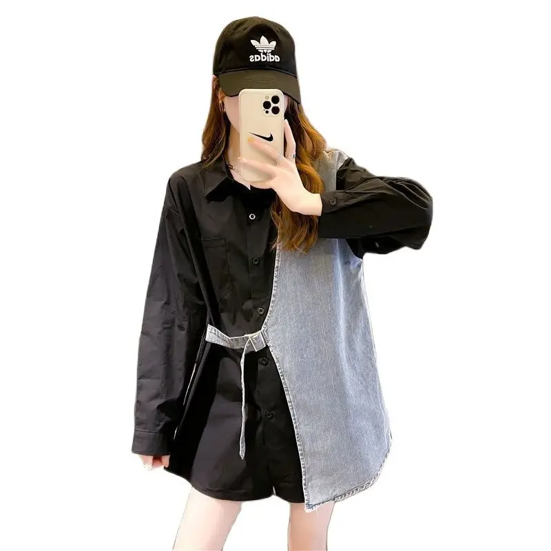 Женская комбинированная рубашка в ковбойском стиле свободная однобортная