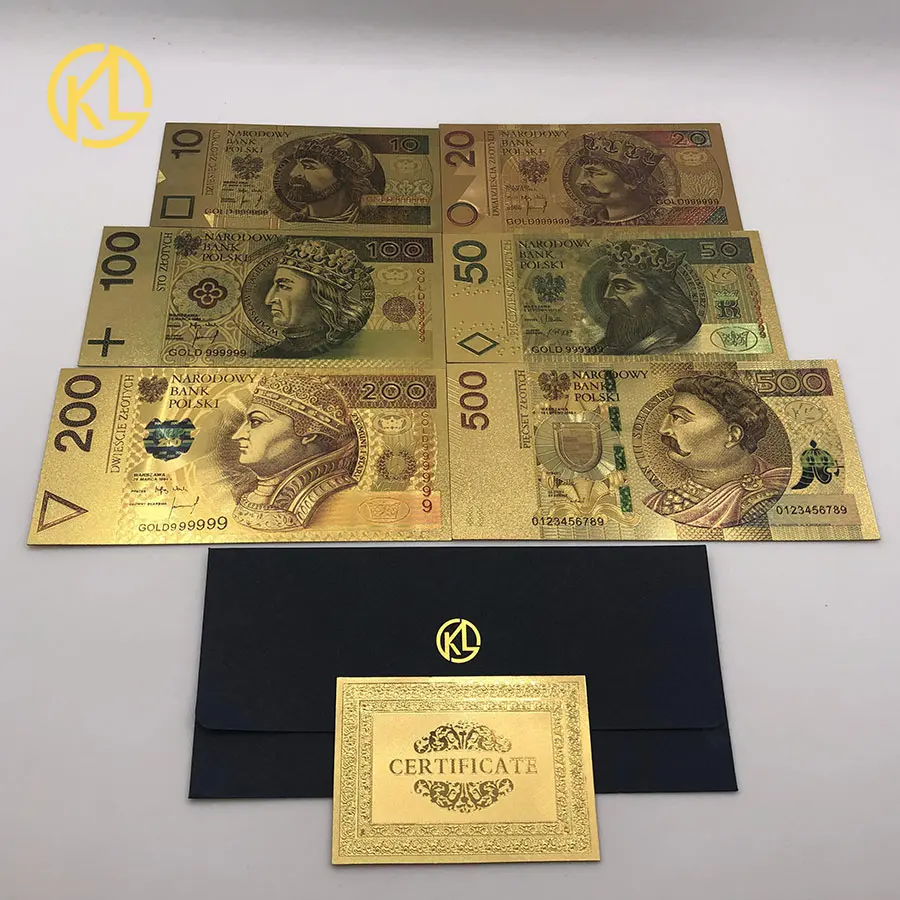 Горячие 10 xunised 1994 издание польская валюта спроектированная цветная 24 K позолоченная банкнота 500 PLN для банка сувенирный подарок - Цвет: 6pcs set