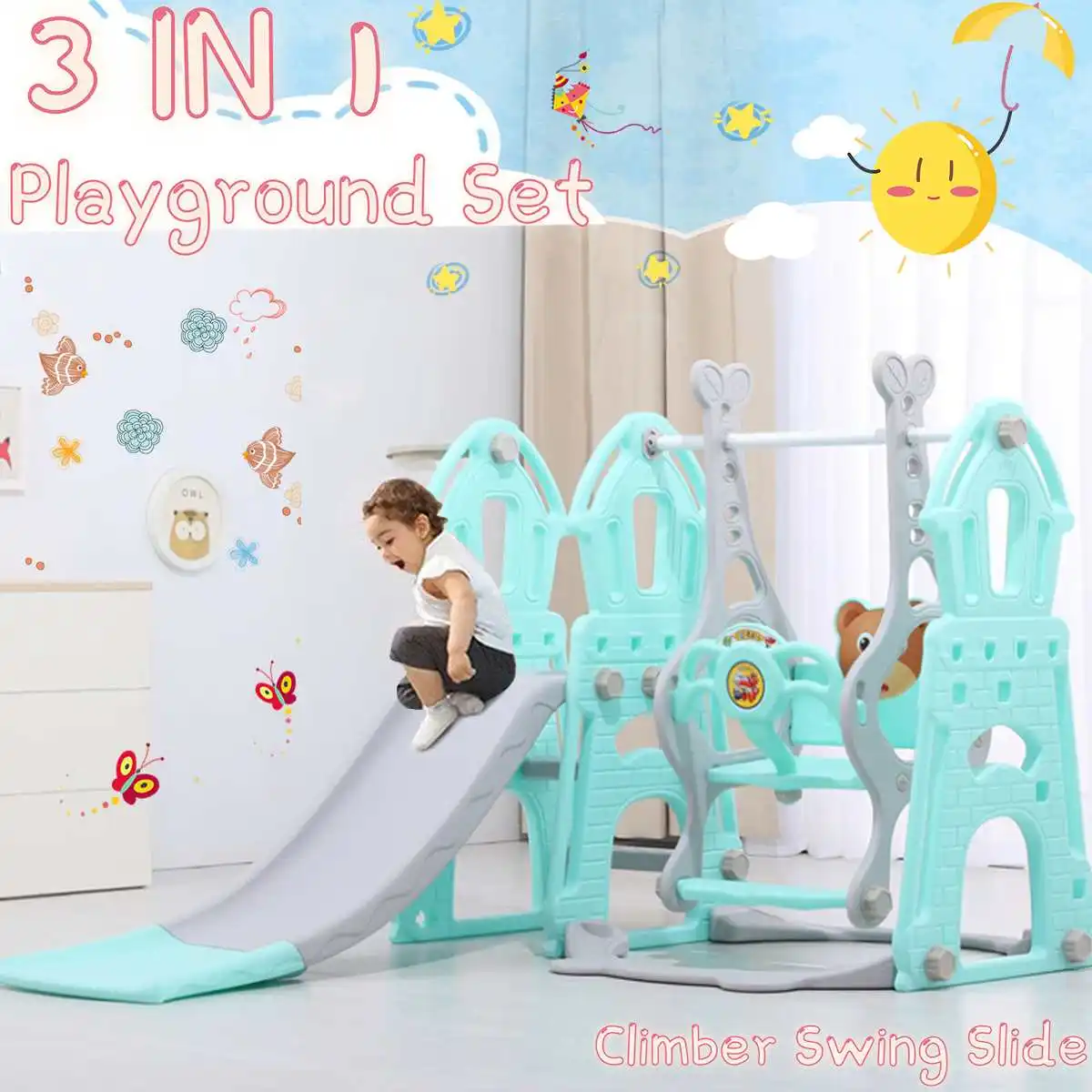 

3 IN 1 ChildrenSlide and Swing Basketball Hoop Children Indoor Playground for Kindergarten Multi-functional Slide for Children