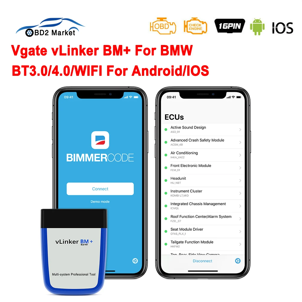 

Автомобильный диагностический прибор Vgate vLinker BM ELM327 OBD 2 OBD2, для BMW, Bluetooth, Wi-Fi, совместимый с ODB2, ELM 327 в 1 5