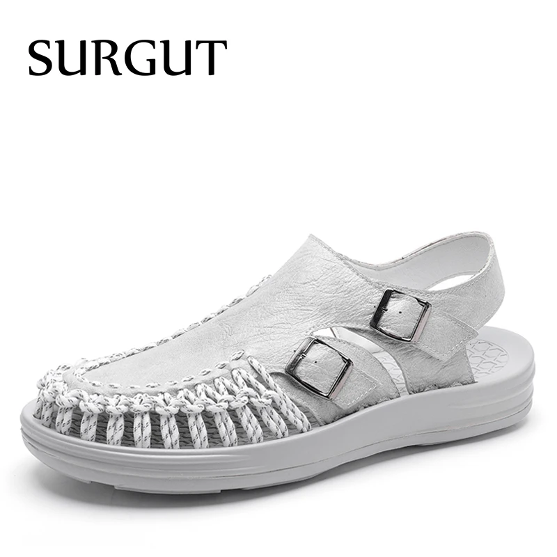 

SURGUT Handmade Men Sandals Night-luminous Style Beach Shoes Genuine Leather Outdoor Shoes Slippers Slip On Flats Shoes