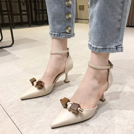 

High heels 2021 spring, summer and autumn new pointed bow, shallow mouth stiletto heel, buckle belt heel shoes