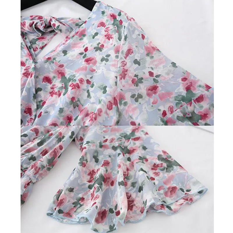 Женское винтажное платье миди с цветочным принтом коротким рукавом и оборками