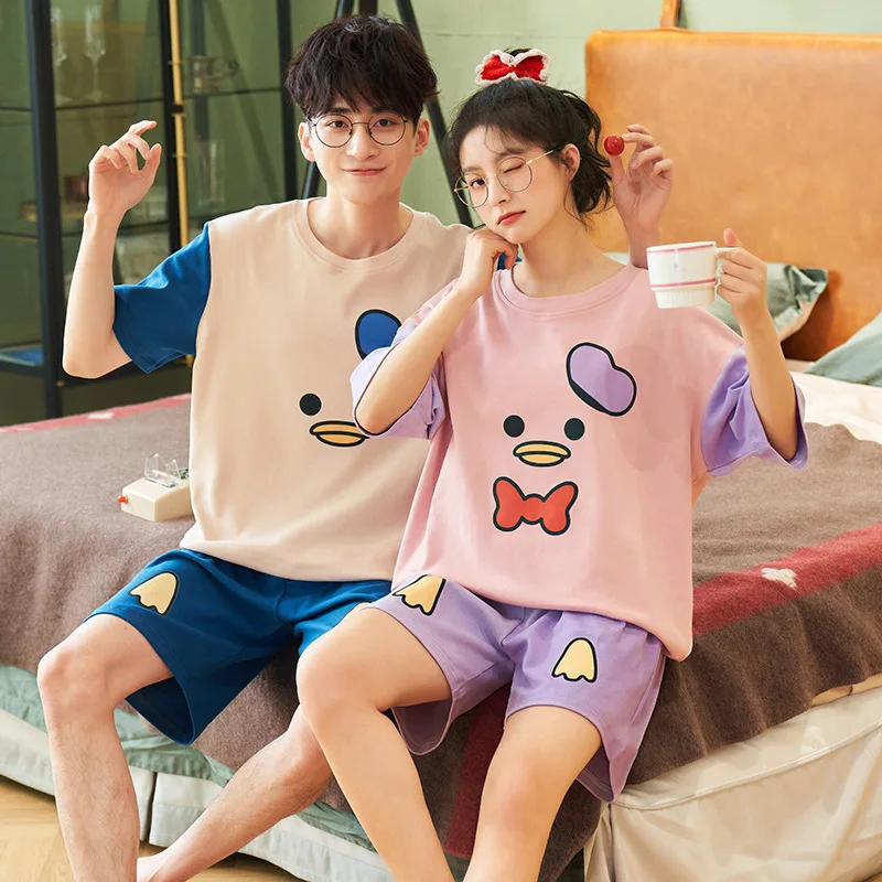 

Cotton Short Sleeve Homewear Kawaii Cartoon Lovers Leisure Plus Size Sleepwear Summer New Fashion Matching Couple Pajamas Set