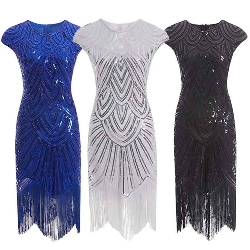 

Женское винтажное праздвечерние чное платье-Чарльстон 1920-х годов, платье миди с V-образным вырезом, кружевными рукавами, блестками и бахромой, летние Украшенные платья в стиле арт-деко