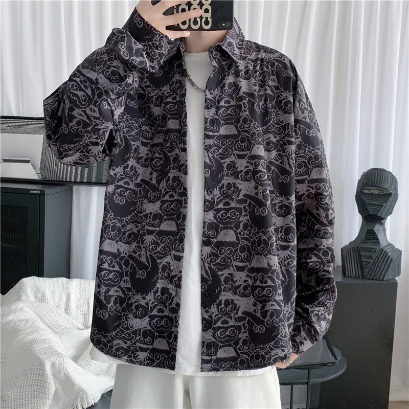 

2021 Vintage Print Shirt Men Long Sleeve Fashion Casual Turndown Collar Cardigan Top Loose Flower Shirts Mens Clothes Blouse New