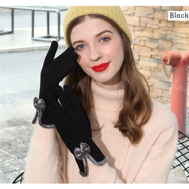 Модные зимние перчатки с бантиком Guantes милые плюшевые для девушек кашемировые