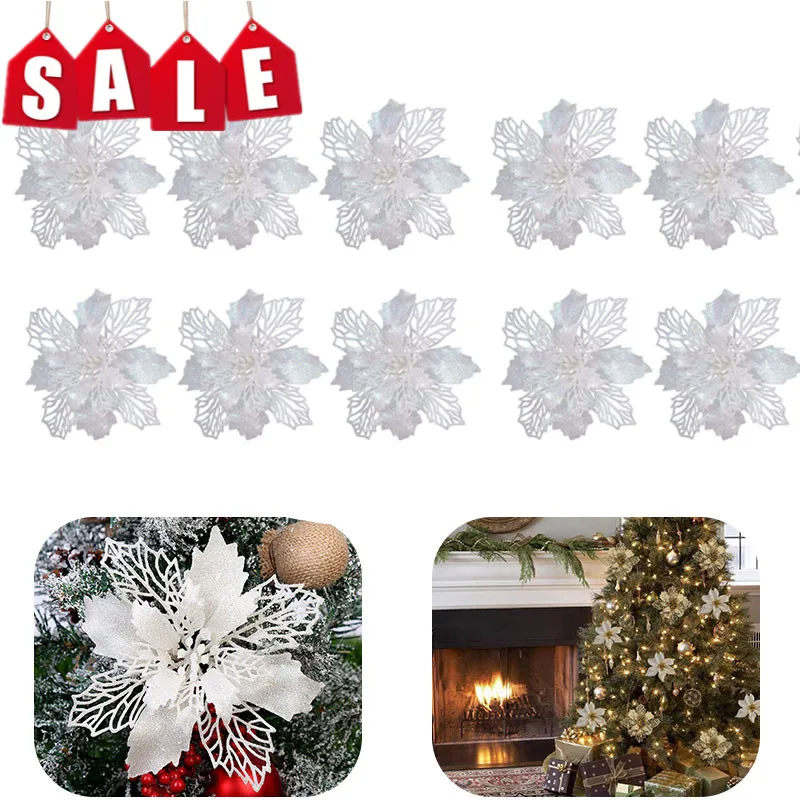 

10pcs White Christmas Decoration Tree Flowers Decoration Cutting Gold Safflower Fruit DIY With Ornaments Glitter Flower