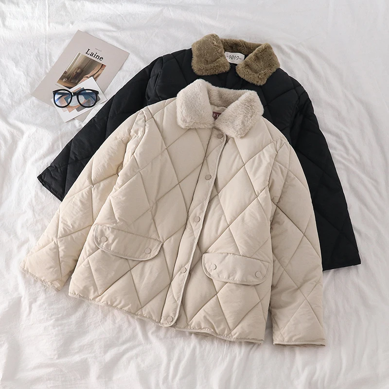 

Fur Collar Rhombus Bread Clothes Winter Thick Padded Coat Women's Padded Coat New Small Padded Jacket Coat Ins Tide