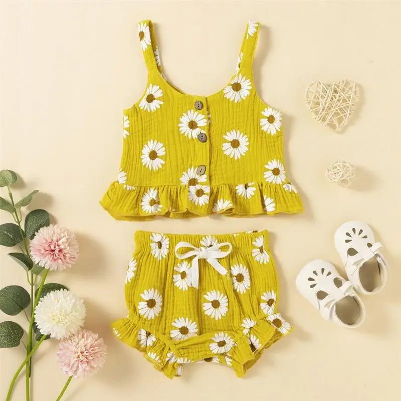 

baby girl clothes Newborn Girl Daisy Flower Printed Sleeveless Sling Top and Kids Shorts 2-Piece Summer Dress