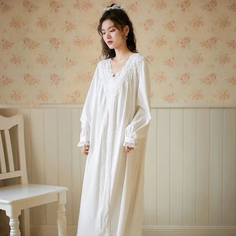 Women Spring Autumn 100% Cotton Full Sleeves Nightdress Sexy V-Neck Long Style Nightie Loose Design Princess Nightgown Sleepwear
