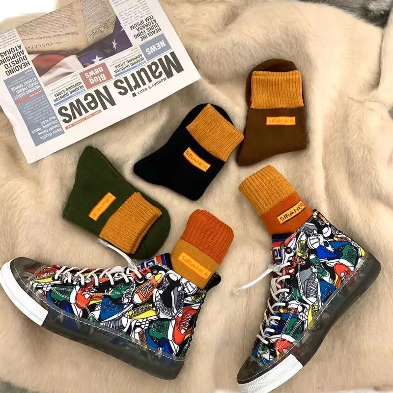 

5pairs Warm Women Socks Autumn Winter Art Funny cute Socks Harajuku Casual Ins Style Student Christmas Gift For Women Streetwear