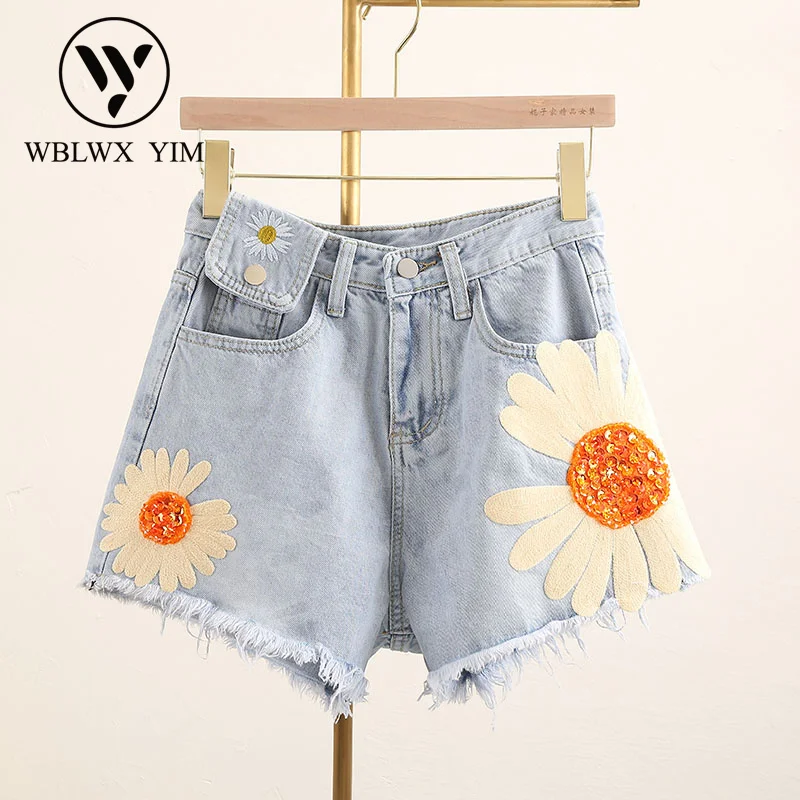 Шорты женские джинсовые с цветочной вышивкой Модные свободные завышенной талией