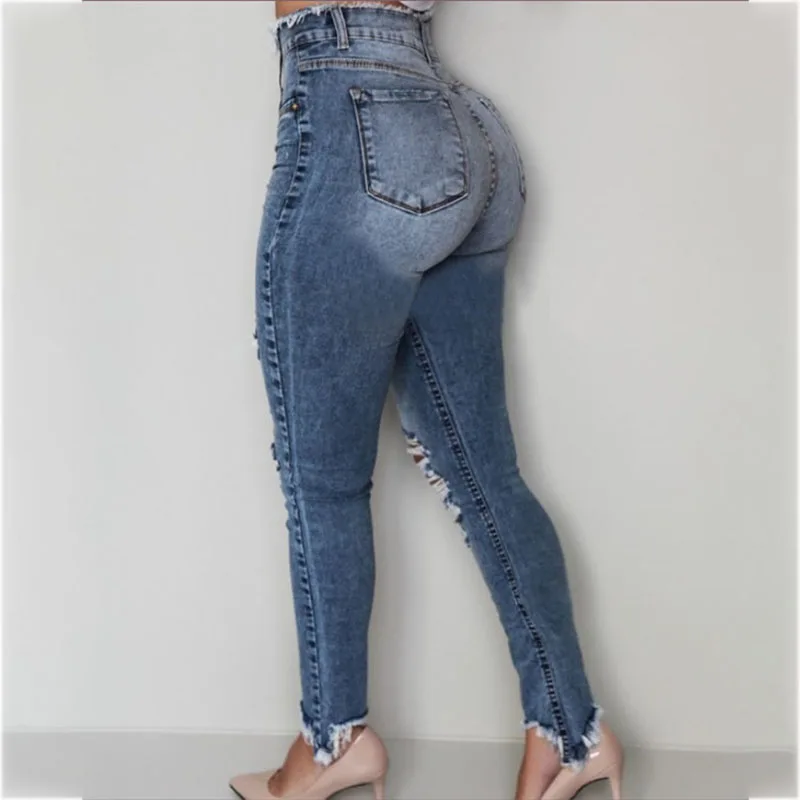 

Fashion Vintage Ripped Hole Pencil Long Pants Solid Jeans Women Casual High Waist Slim Denim Trousers Streetwears Hole tassel je