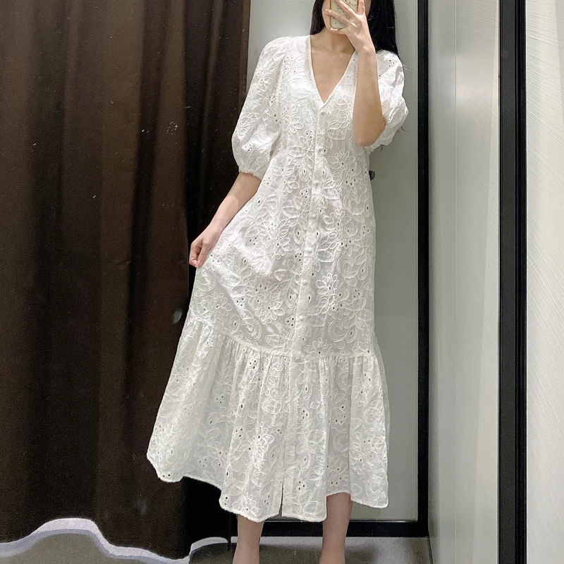 

New Spring Summer Women White Sexy V-Neck Hollow Midi Dress Chic Embroidery Solid Loose Elegant Party Dresses Ladies Vestidos