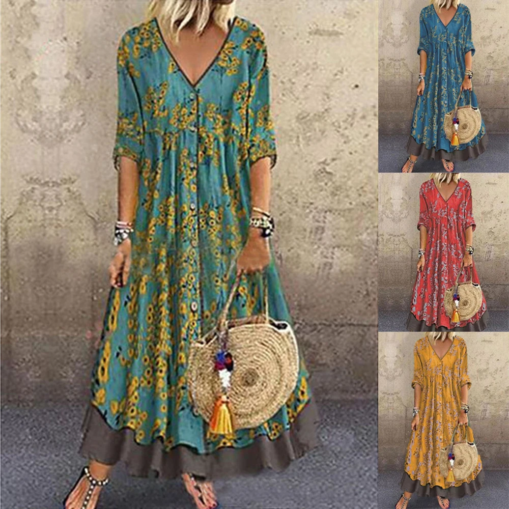 

2021 New Women's Floral Dress Summer Oversized Bohemian Print Mid-sleeve Long Skirt Spring And Autumn Fashion Casual Dress Robe