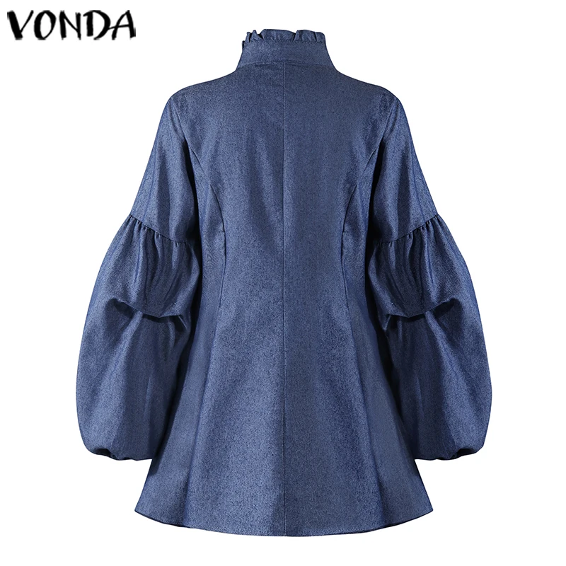 Джинсовые женские рубашки VONDA блузки повседневные Плиссированные Топы с длинным