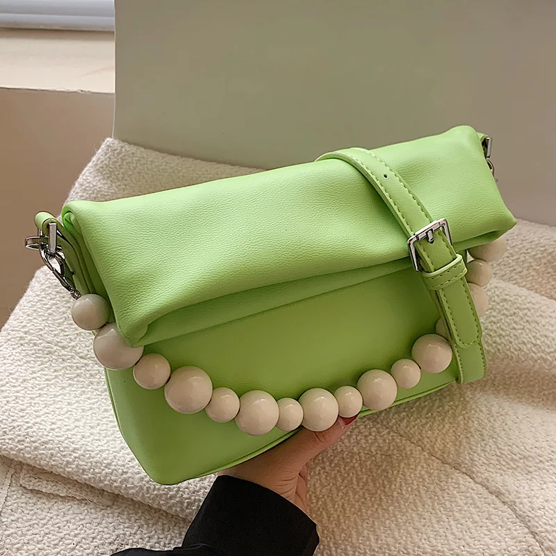 

Винтажная женская сумка из мягкой кожи, клатчи, дамские сумочки с цепочкой и бусинами, сумка на плечо, однотонная женская сумка через плечо, ...