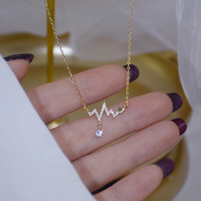 

Elegant Gold Color Fashion Design Signal Fluctuation Shape Necklace Micro Inlay Zircon Women Choker Jewelry Pendant Gift