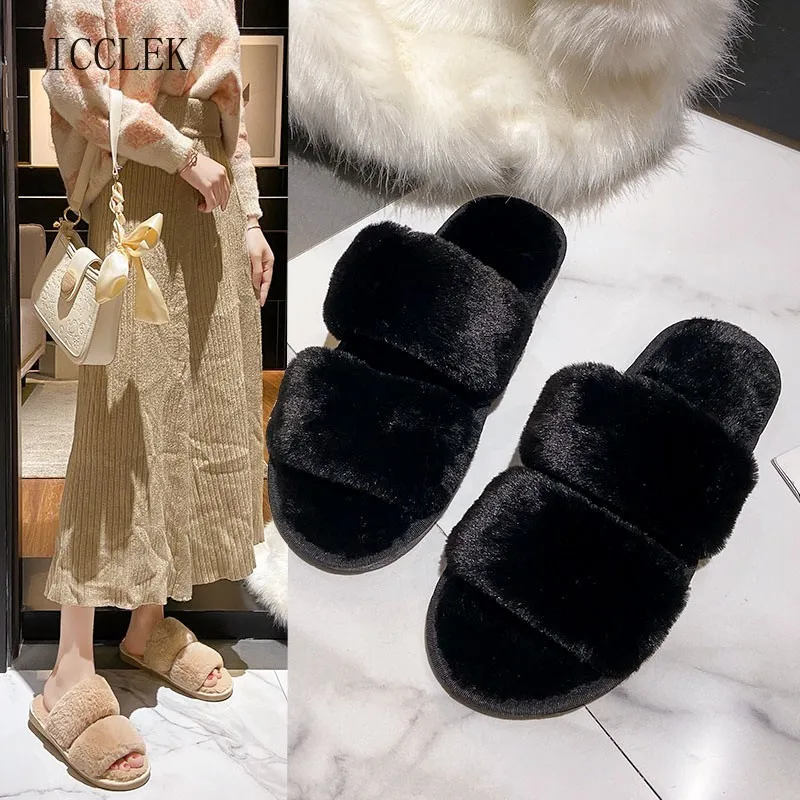 

ICCLEK Women's Fluffy Winter Slippers Solid Color Plush Open-toe Slippers Soft Flat Women's Shoes Warm Shoes Home Shoes