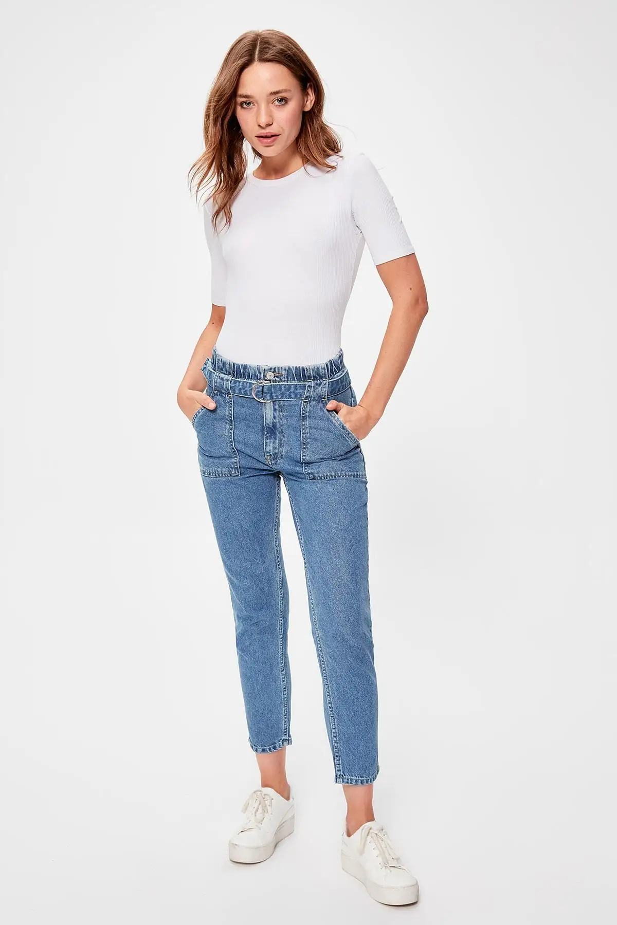 Trendyol синие арочные Beli Shirred джинсы с высокой талией для мам TWOAW20JE0155