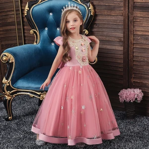 High End Long Style Dress For Girl Halloween Party Kids Crew Neck Embroidered Flower Dress of  2-10 Years Old